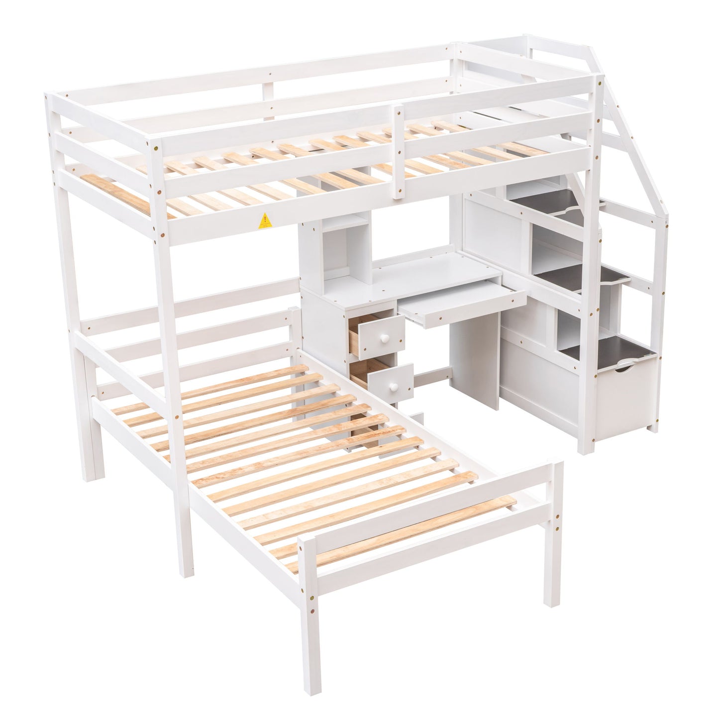 Loft Bed With Stand Alone Bed, Storage Staircase, Desk, Shelves, And Drawers