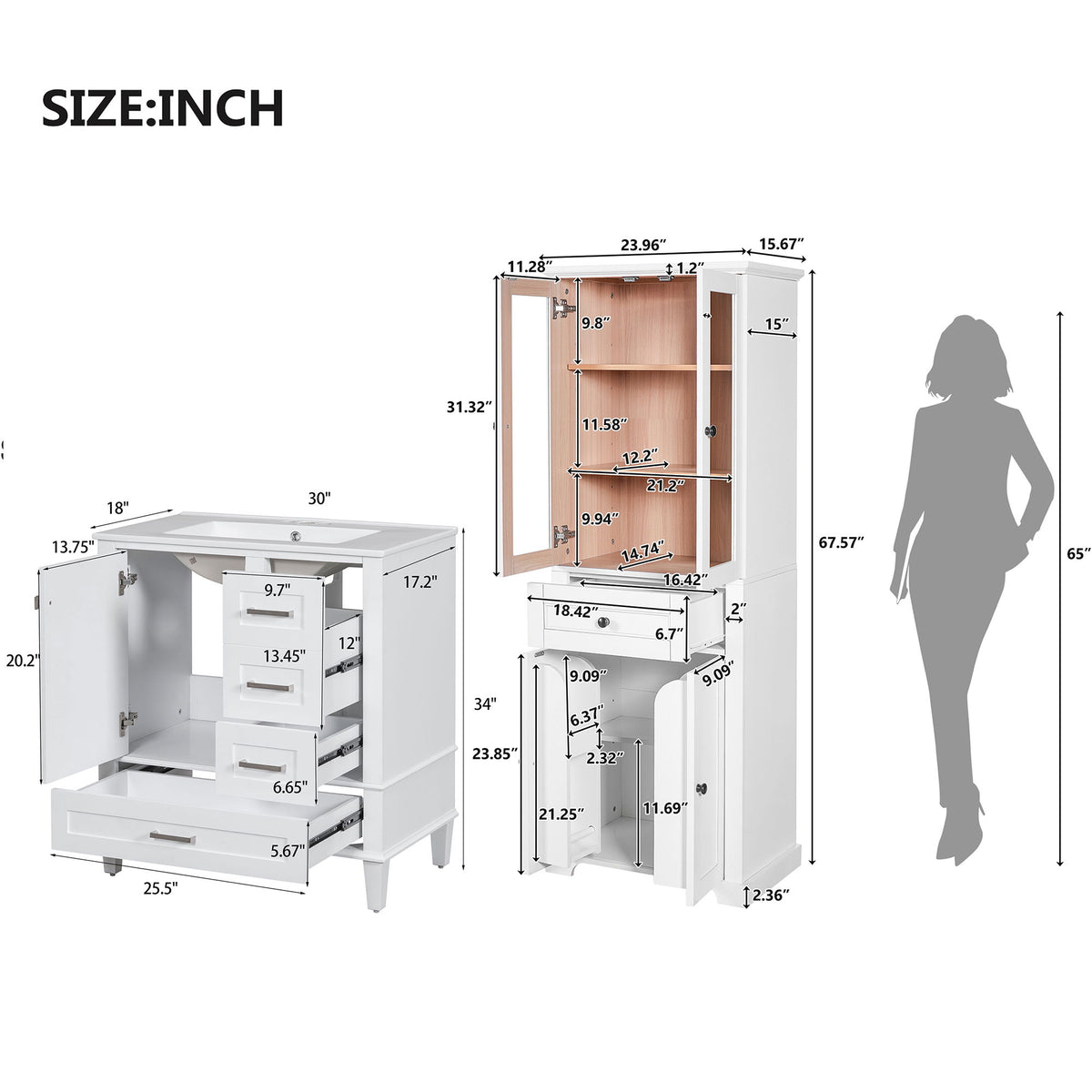 Bathroom Vanity & Tall Storage Cabinet Set With Doors, Adjustable Shelves, Soft Close Hinges, Sink
