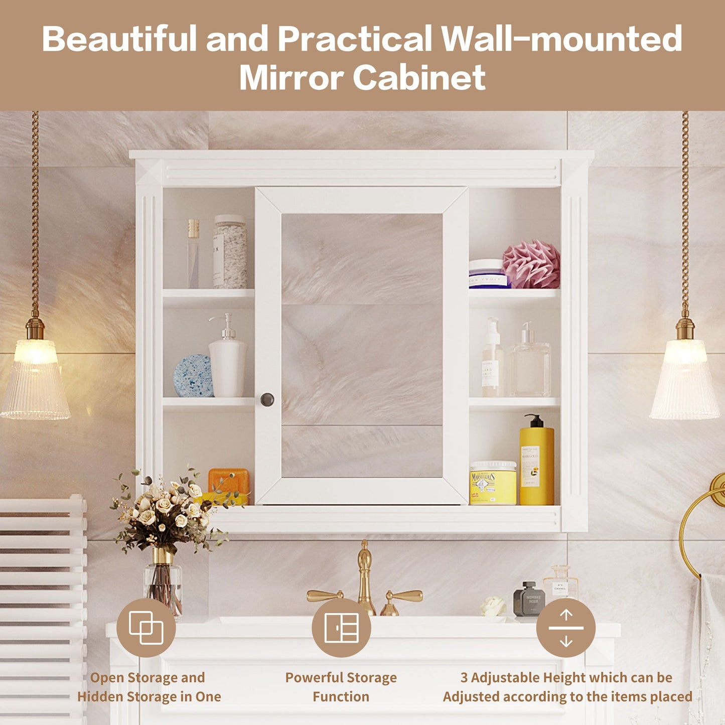 Wall Mounted Bathroom Storage Cabinet With Mirror, Cabinet With 6 Open Shelves And Adjustable Interior