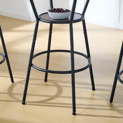 Rustic Brown Round Bar Table And Stool Set With Shelf, Upholstered Stool With Backrest - Antique Brown