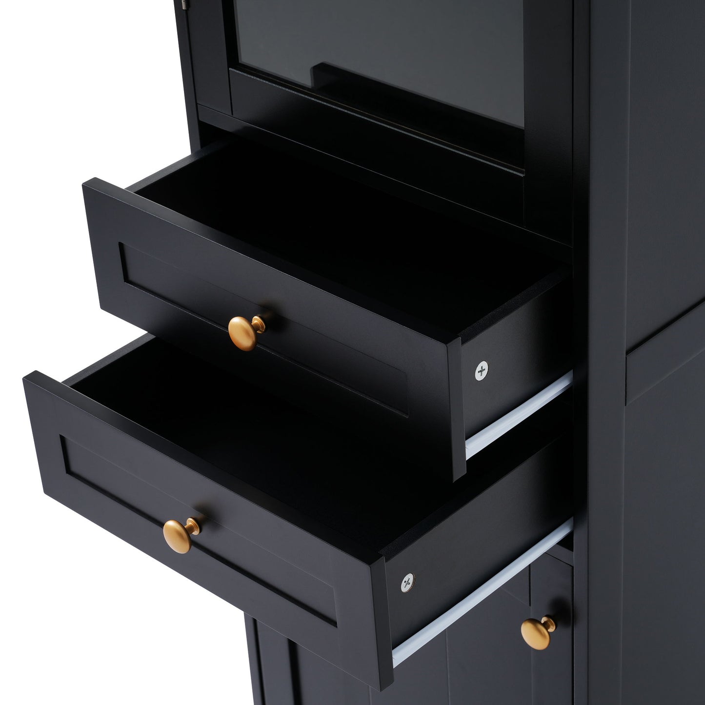 Tall Bathroom Storage Cabinet With Glass Doors, Free-Standing, Two Drawers, And Adjustable Shelves, Board, Painted Perfect For Displaying Your Favorite Items