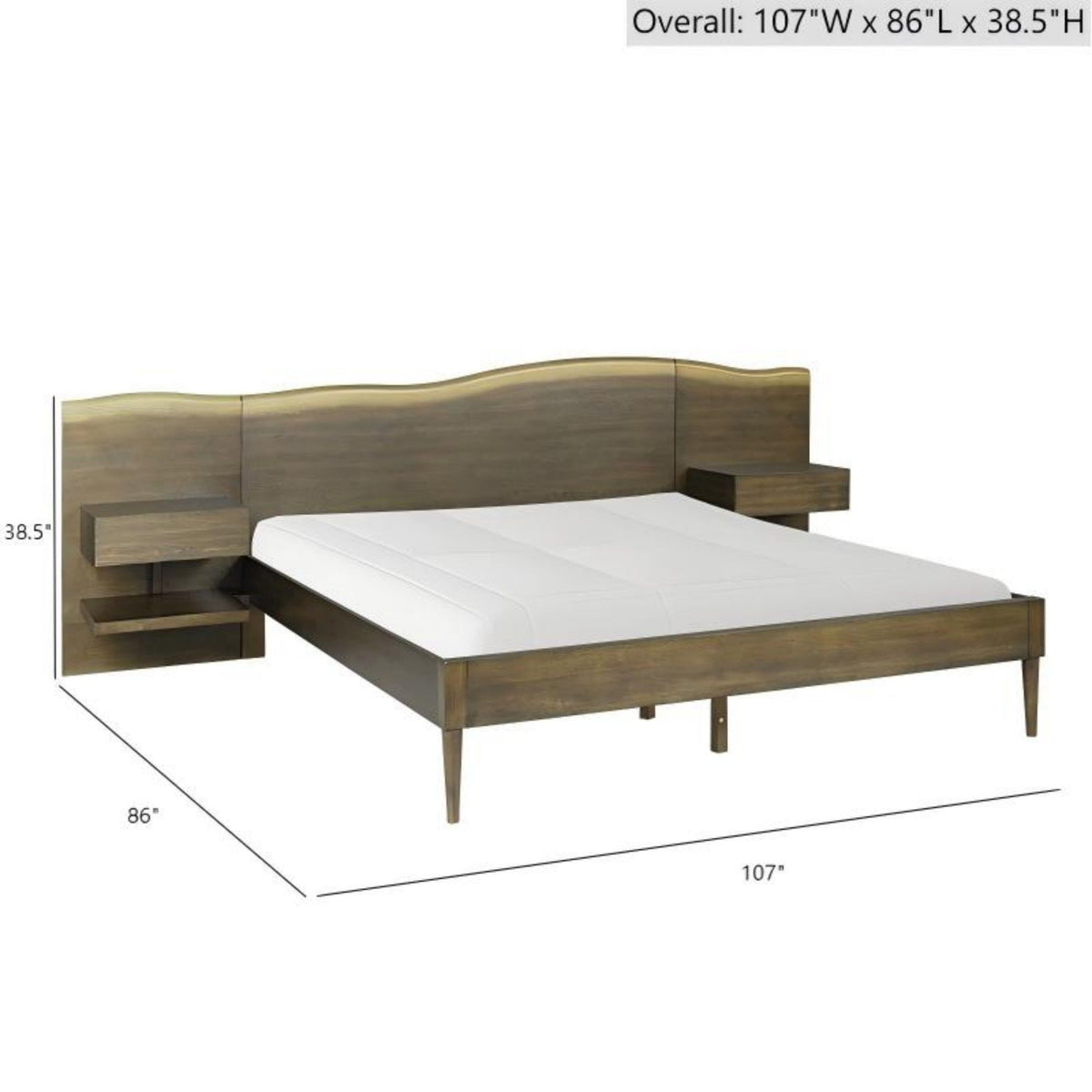 Queen Size Platform Bed Frame With Live Edge Headboard, Built In Nightstands - Dark Brown