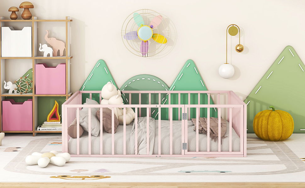 Metal Floor Bed Frame With Fence And Door
