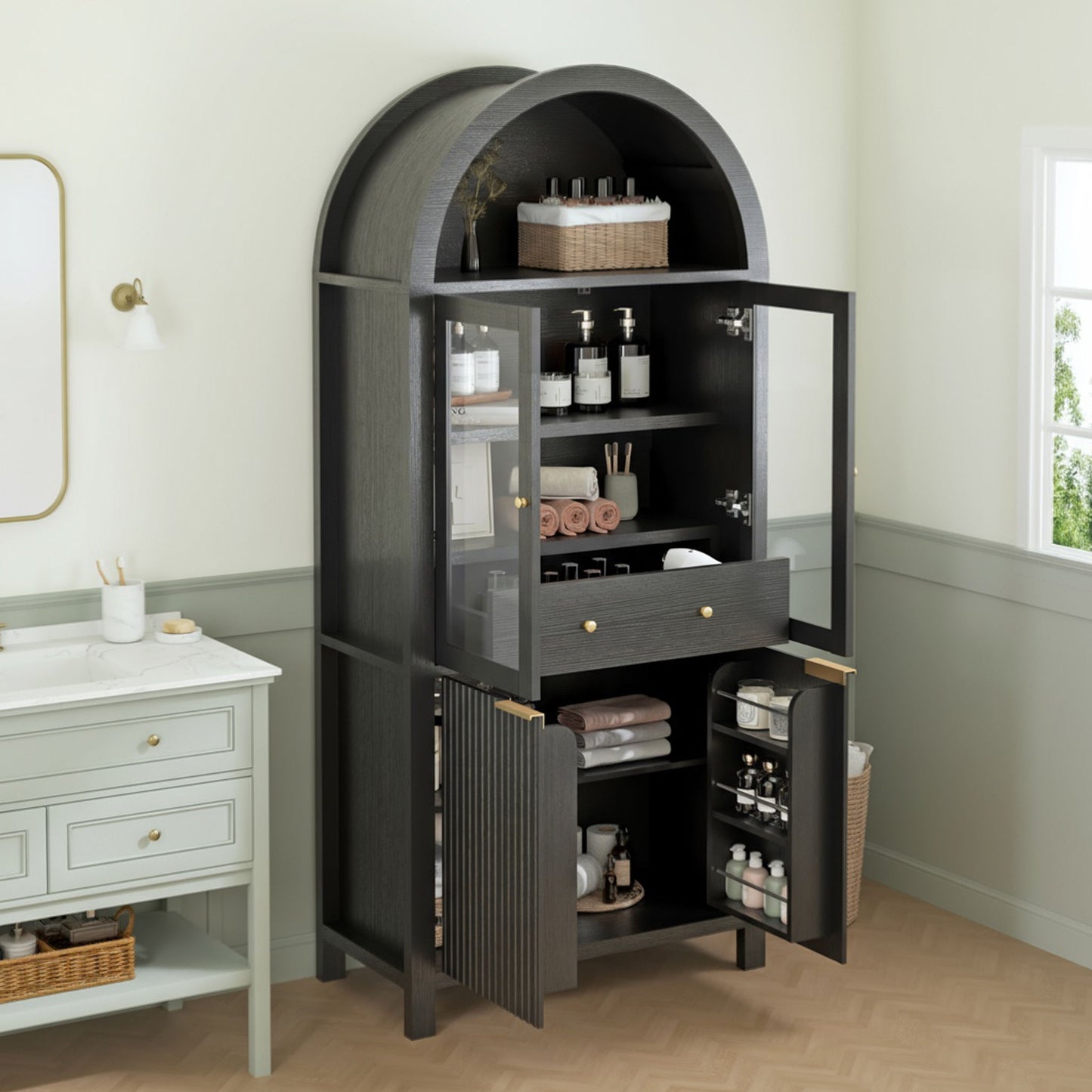 Fluted Tall Arched Pantry Cabinet With Adjustable Shelves