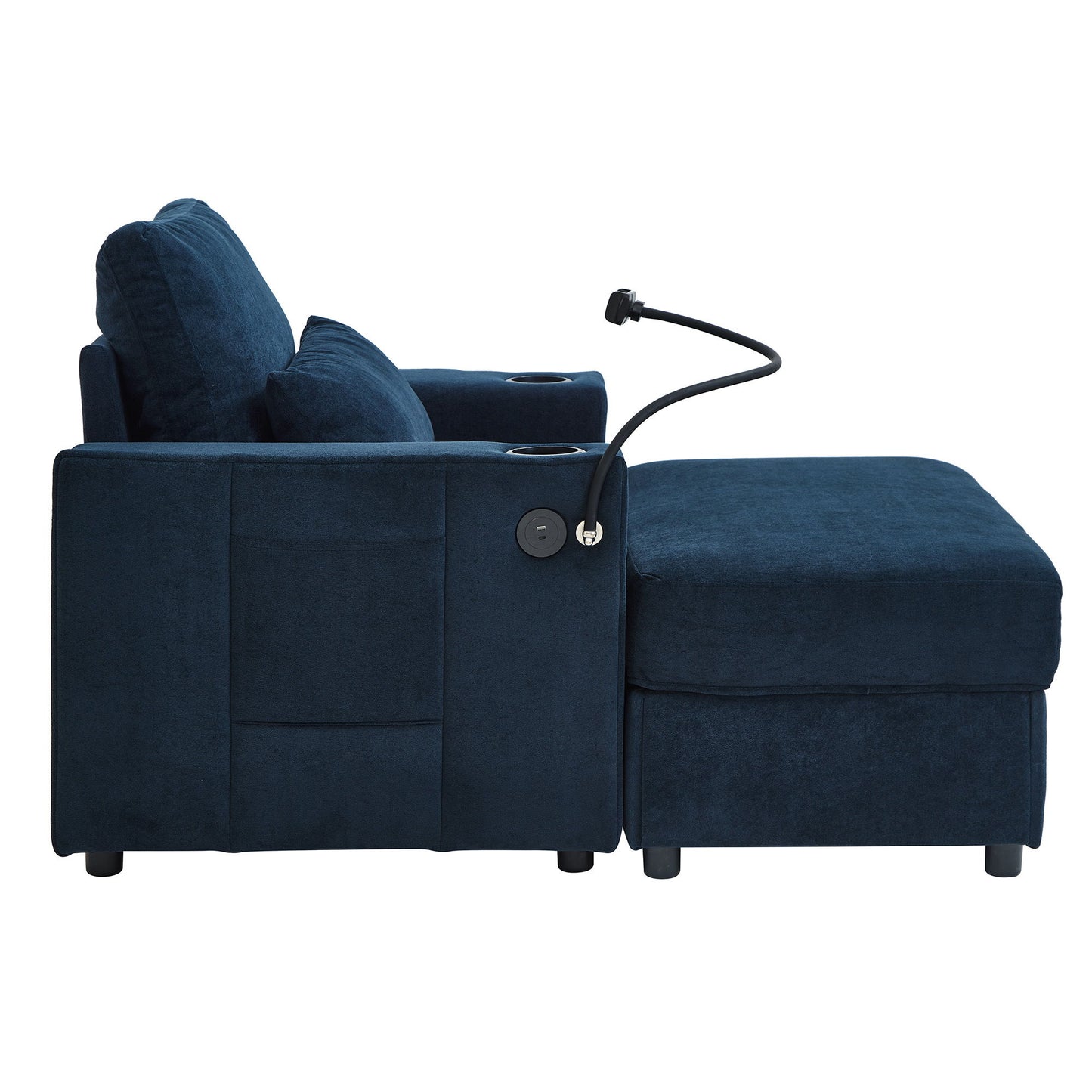 Modern Style Armchair Chaise Lounge Sofa Couch With Movable Storage Ottoman, USB Ports, Cup Holders, Phone Holder, Side Pockets