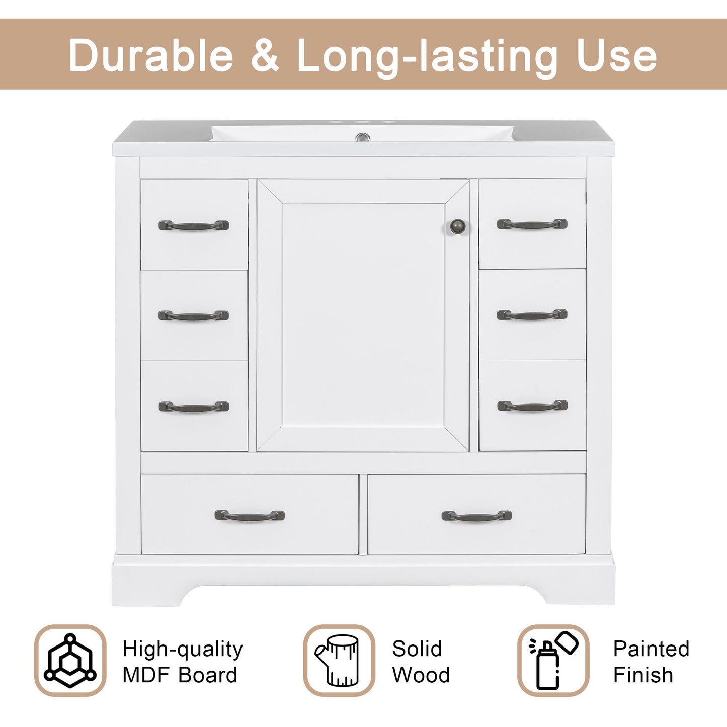 Modern Bathroom Vanity With Sink, 6 Drawers, Adjustable Shelf
