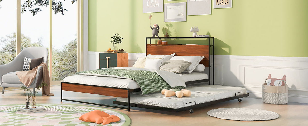 Platform Bed Frame With Trundle, USB Ports And Slat Support, No Box Spring Needed