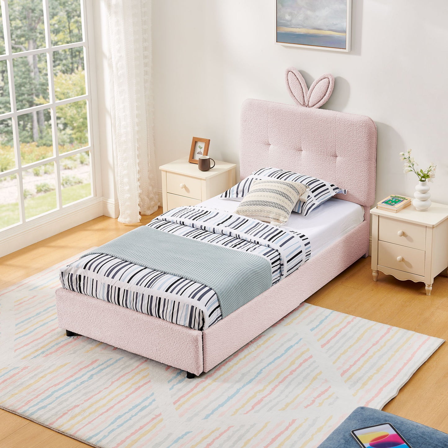 Upholstered Bed With Oversized Rabbit Ear Headboard, LED Lights & 4 Storage Drawers