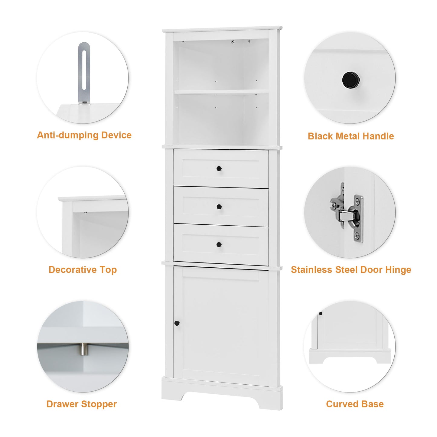 Tall Storage Cabinet With 3 Drawers And Adjustable Shelves For Bathroom