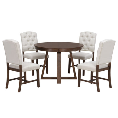 Dining Set With Leaf Round Table And 4 Upholstered Chairs