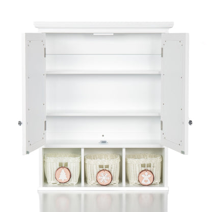 Bathroom Storage Cabinet, Medicine Cabinets For Bathroom With Mirror, 2 Doors 2 Adjustable Shelf & 3 Christmas Style Storage Basket - White