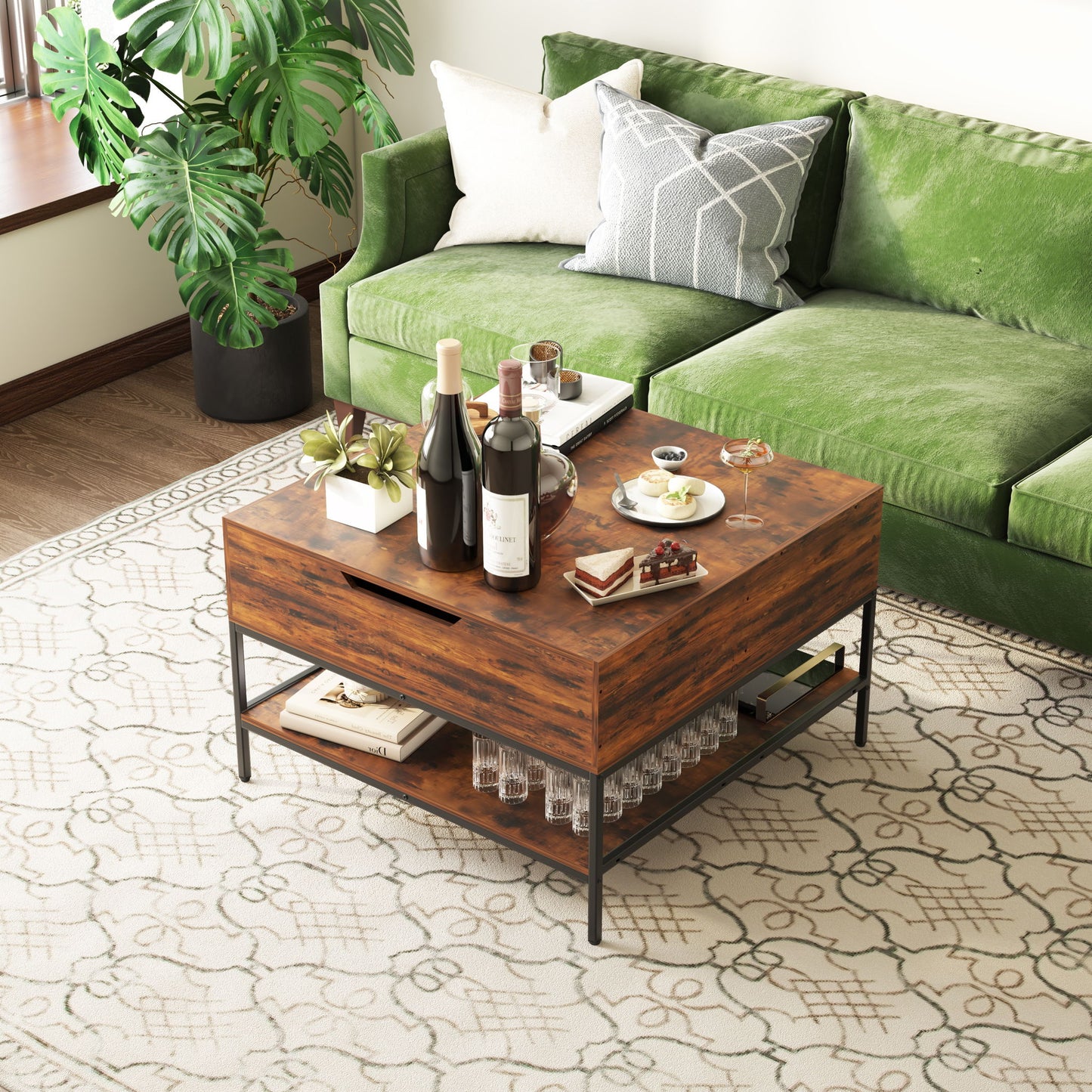 Rustic Flip Top Coffee Table With Hidden Storage - Black / Brown