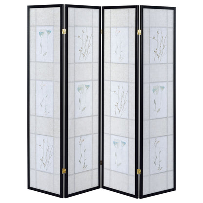 4 Panel Folding Screen With Floral Motif - Black