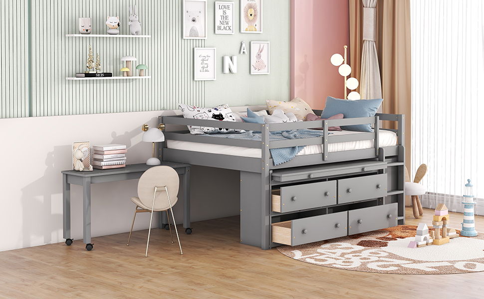 Loft Bed With Retractable Writing Desk And 4 Drawers, With Lateral Portable Desk And Shelves