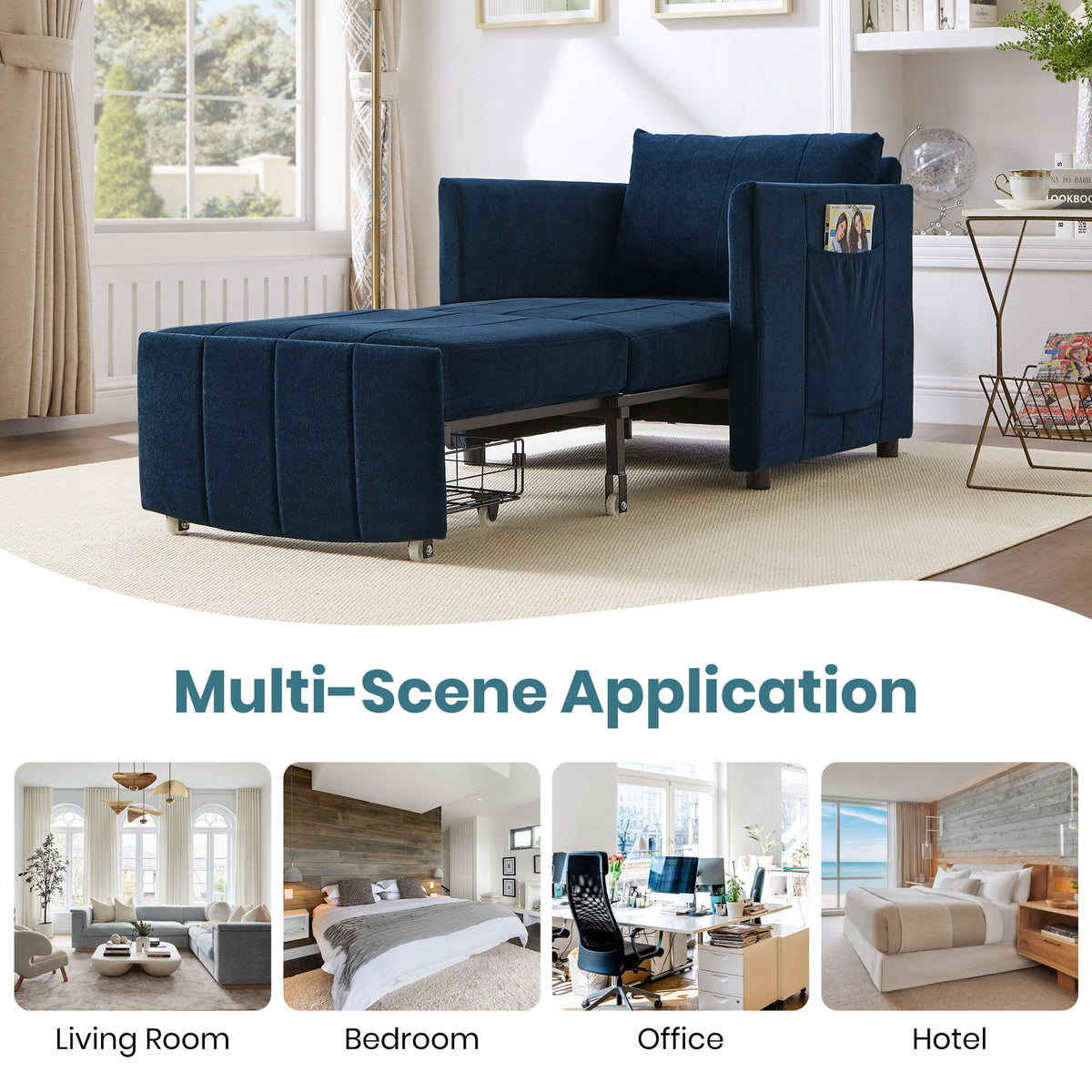 Upholstered Convertible Sleeper Sofa With 5 Position Backrest, Side Pockets, Storage
