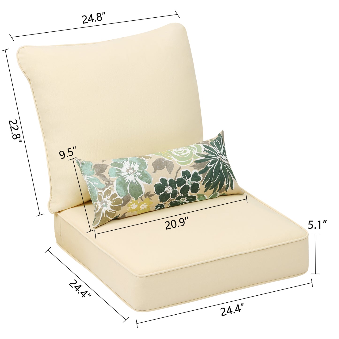 Patio Deep Chair Cushion - Set of 2 - Total 6 pieces (Beige)