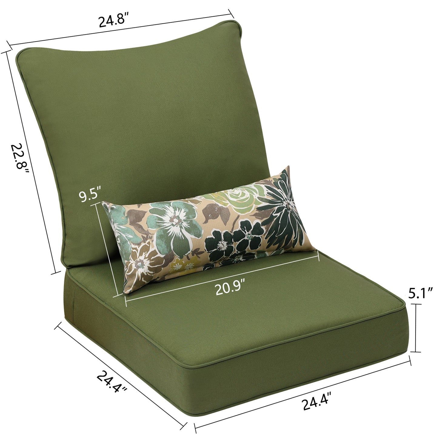 Patio Deep Chair Cushion - Set of 2 - Total 6 pieces (Green)