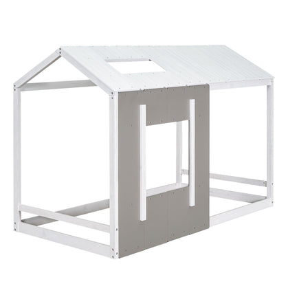 Twin Size House Platform Bed With Roof And Window - Natural / White