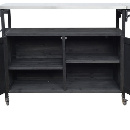 Foldable Outdoor Kitchen Island With Lockable Wheels, Storage Cabinet And Towel Rack For Patio