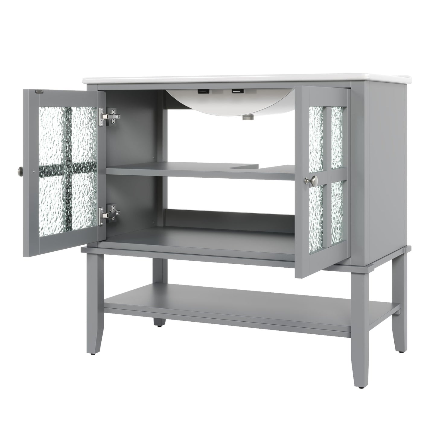 Bathroom Vanity With Ceramic Sink, Adjustable & Open Shelf