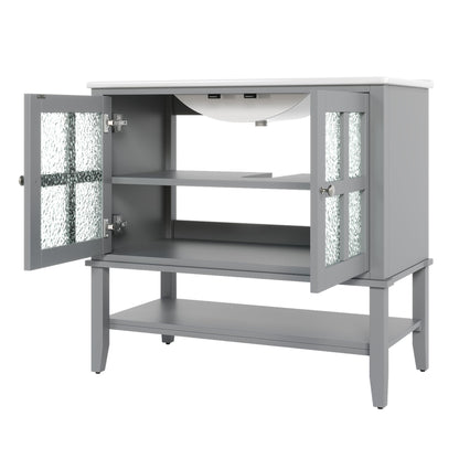 Bathroom Vanity With Ceramic Sink, Adjustable & Open Shelf