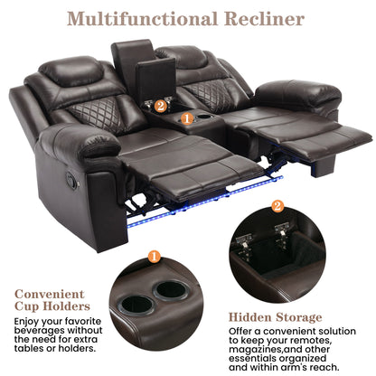 3 Pieces Recliner Sofa Sets Home Theater Seating Manual Recliner Chair With Center Console And LED Light Strip For Living Room