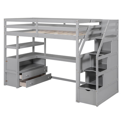 Loft Bed With Desk, Shelves, 2 Drawers, Storage Staircase