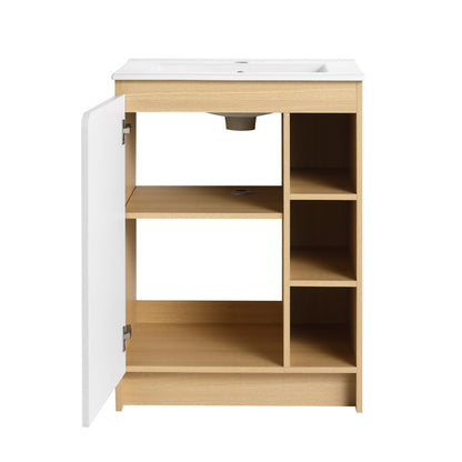 Freestanding Bathroom Vanity With Thin Rim Sink, Single Door With 4 Tier Open Shelves - Light Oak / White