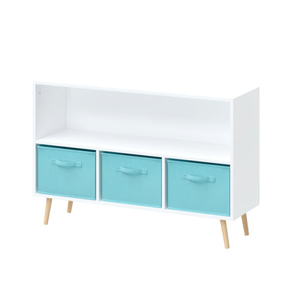 Bookcase With Collapsible Drawers, Book Display Storage Cabinet Organizer - White / Blue