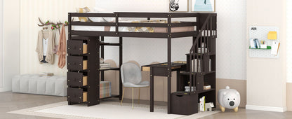 Loft Bed With Storage Drawers, Desk And Stairs With Shelves