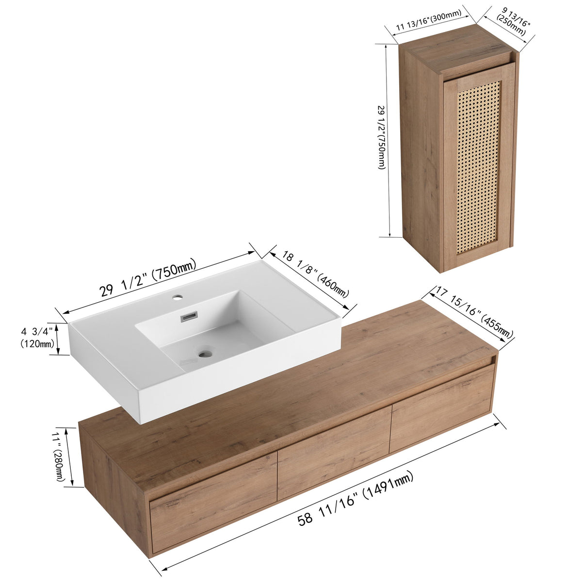Modern Imitative Wall Mounted Bathroom Vanity With Resin Sink And Side Cabinet