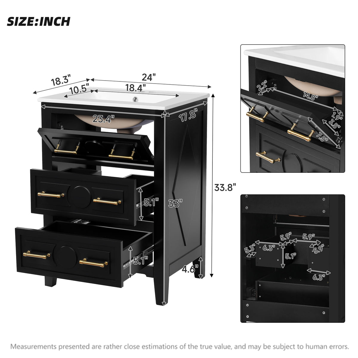 Bathroom Vanity With Sink, Free Standing Single Set, 3 Drawer Storage Cabinet