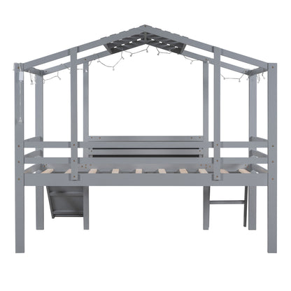 Loft House Bed With Ladder And Slide, With board And Light Strip On The Roof