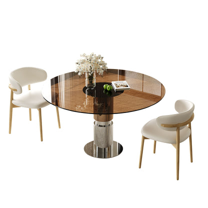 Round Dining Table & Tempered Glass Top - Brown