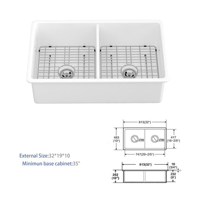 Elegant Dual Mount 32" Undermount Double Bowl Ceramic Kitchen Sink - White