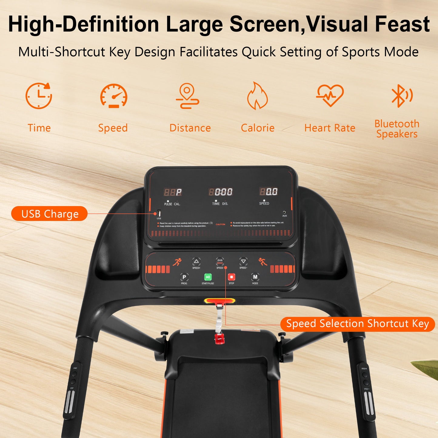 2.5Hp Quiet Folding Treadmill With Heart Rate Sensor, 300Lbs Weight Capacity, With USB Charge Station For Android & Bluetooth Speaker, 6 Shock Absorbing - Black