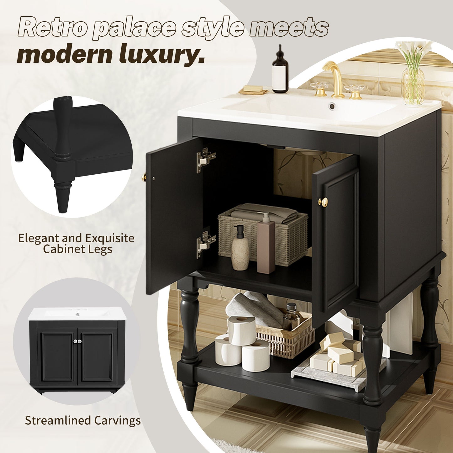 Modern Bathroom Vanity With Sink, Rectangular Cabinet With Open Shelf And Closed Storage
