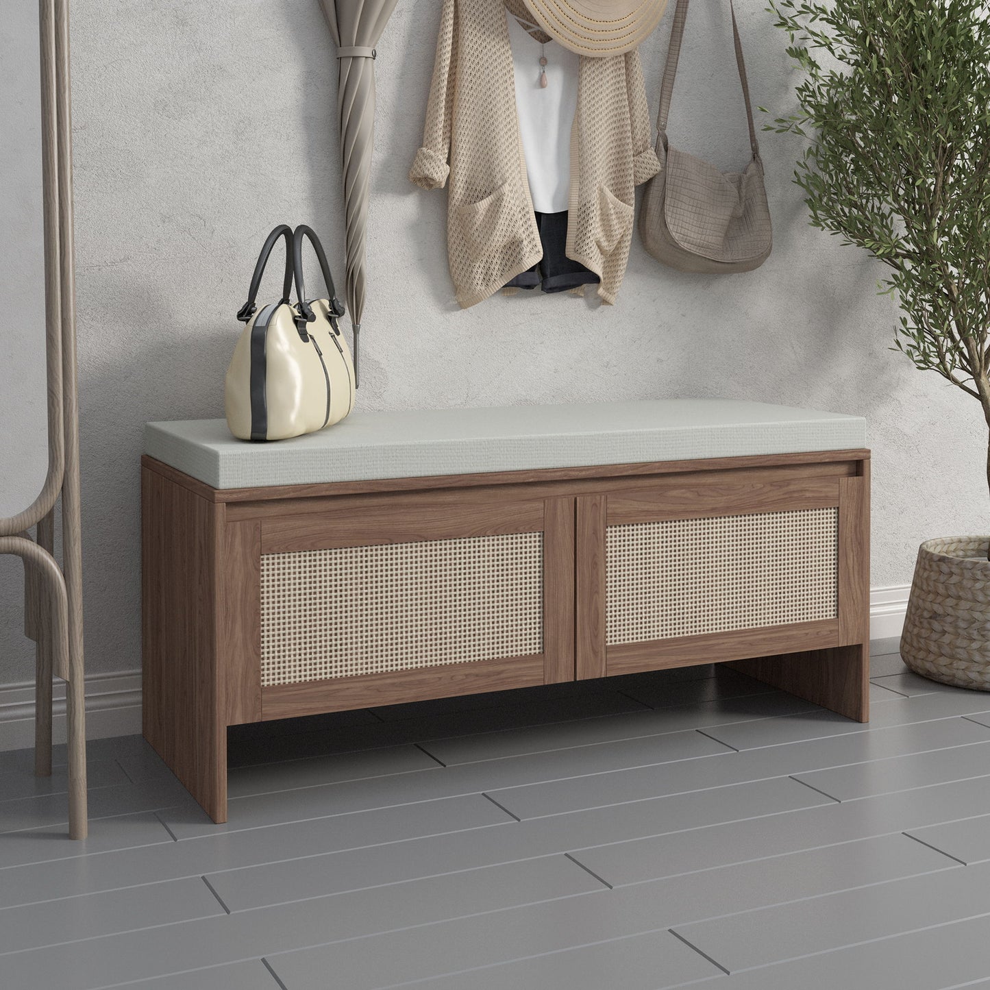 Storage Bench With Cushion, Shoe Cabinet With 2 Doors - Antique Natural / Rattan