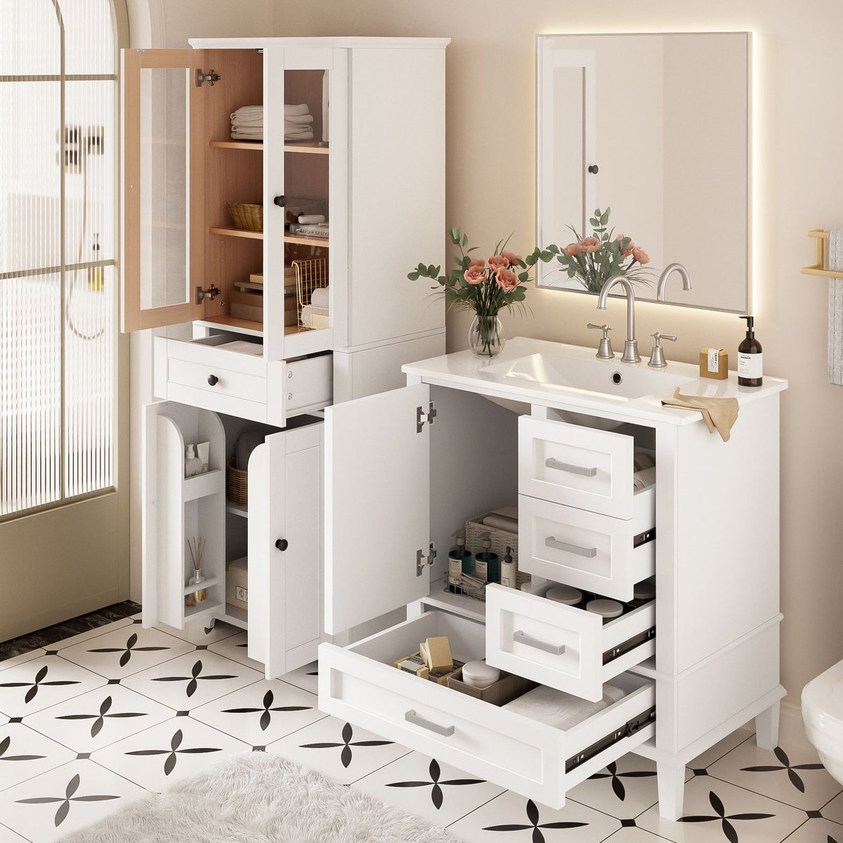 Bathroom Vanity & Tall Storage Cabinet Set With Doors, Adjustable Shelves, Soft Close Hinges, Sink