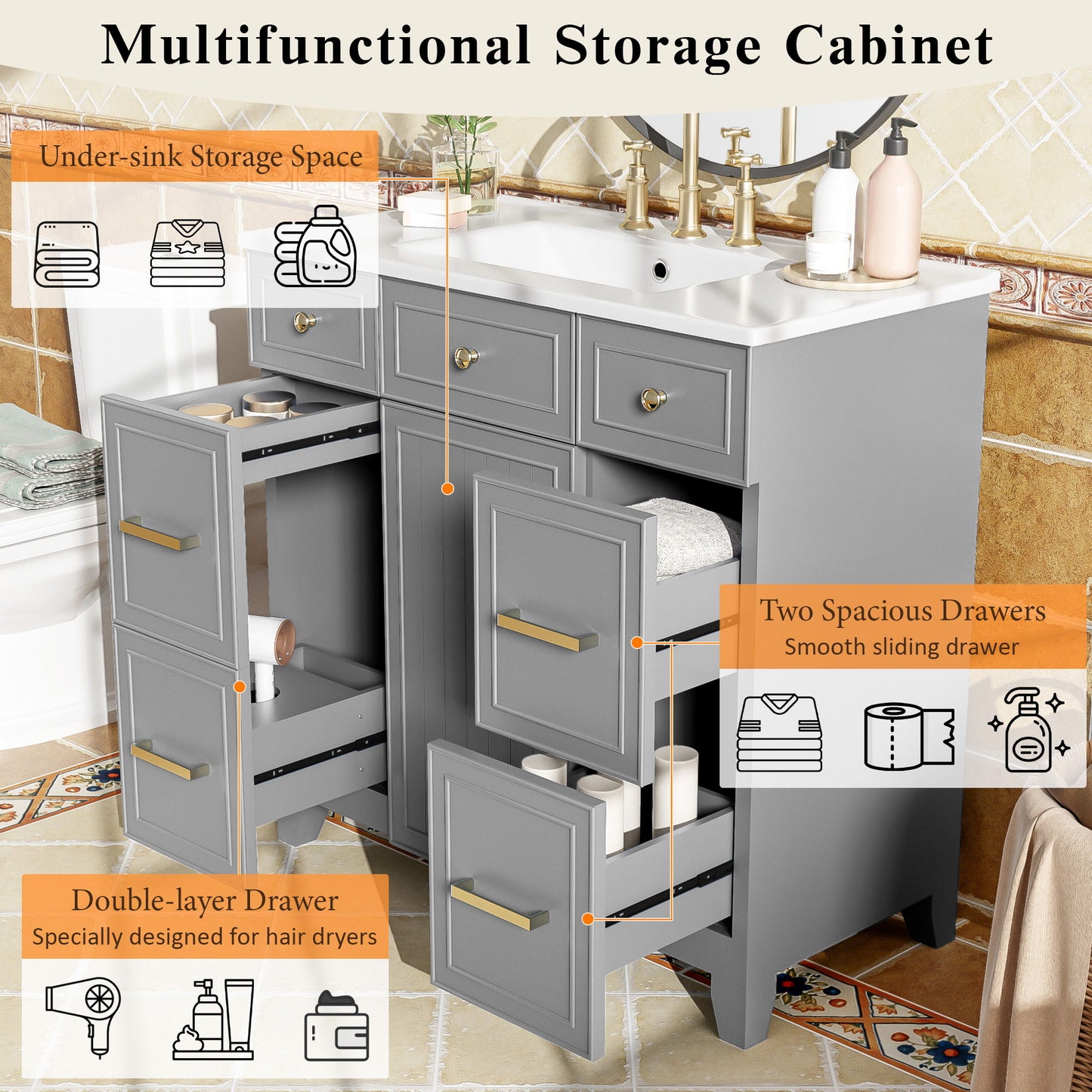 Bathroom Vanity With Ceramic Sink, Soft Close Doors, Adjustable Shelves