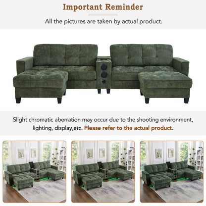 Modern Sectional Sofa U-Shaped With Movable Ottomans, tooth Speakers, LED Lights And Modular Storage