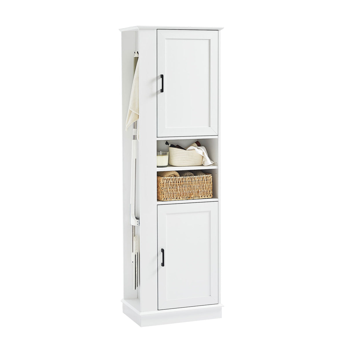 Tall Freestanding Bathroom Storage Cabinet With Adjustable Shelves And Side Hooks Board, Rectangle Design