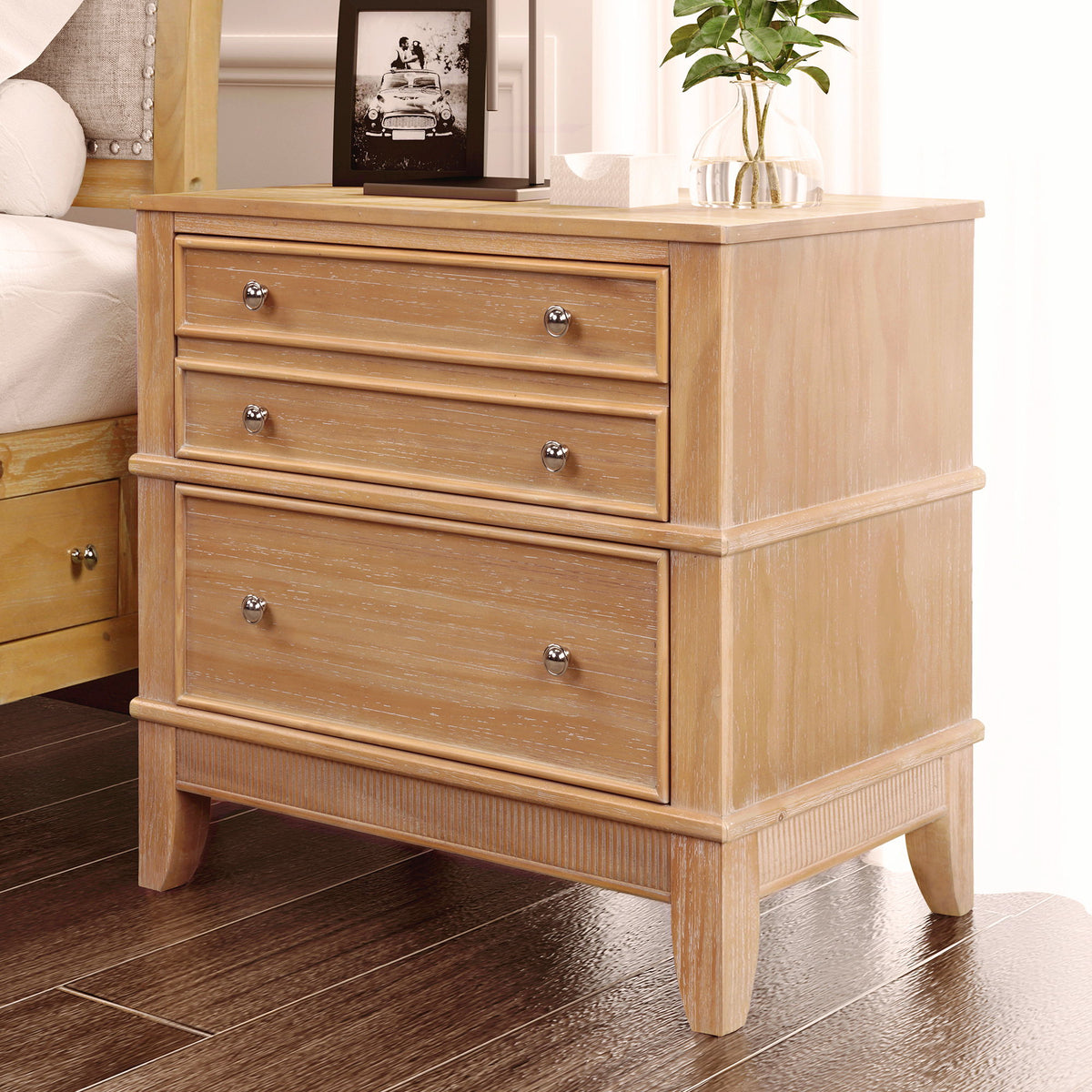 Hazel - 3 Drawer Side Table For Living Room, Hallway, Entryway Solid Wood With Silver Handles - Natural