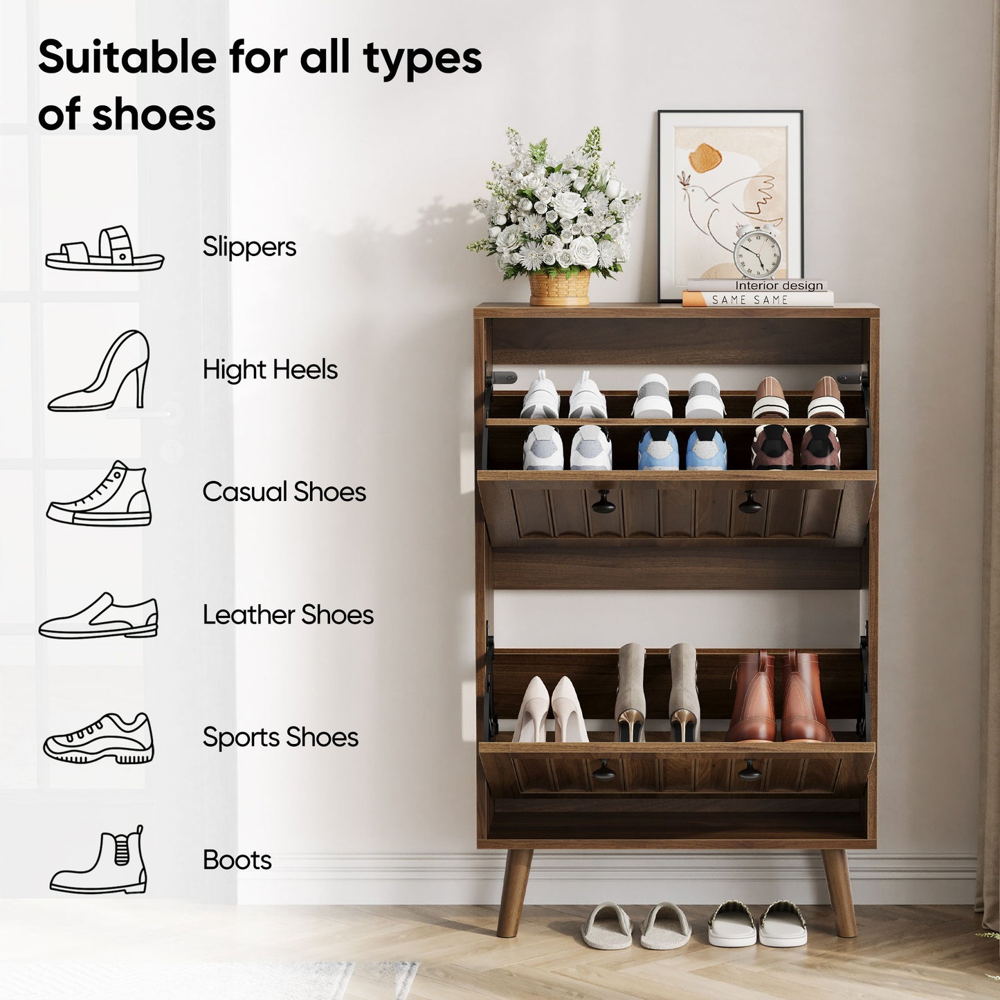 Shoe Cabinet, Upright Storage Unit - Walnut