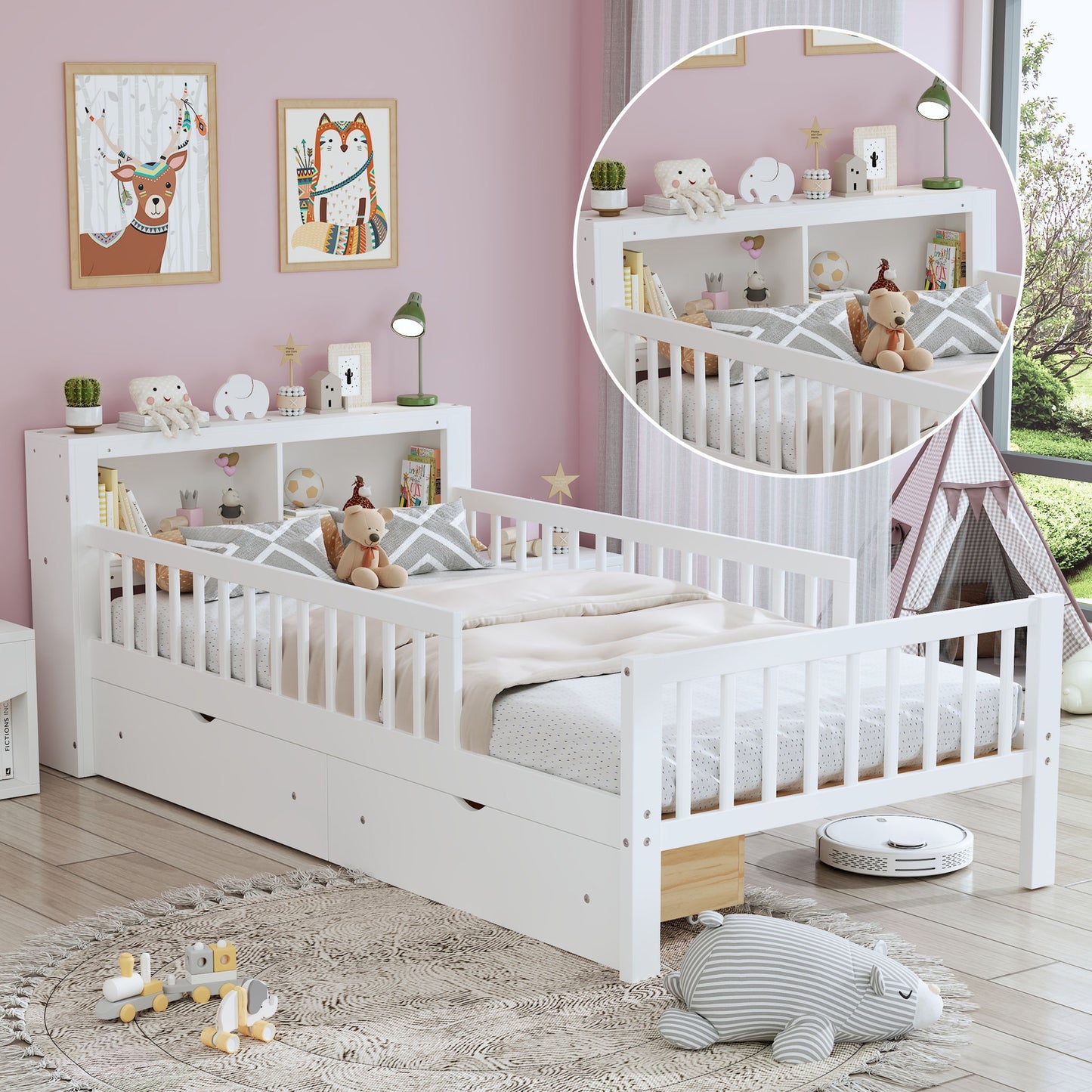 Bed With Headboard Storage Rack, 2 Under Bed Drawers, 3 Side Guardrails For Safety