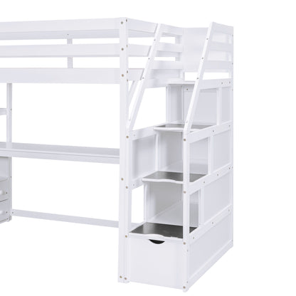 Loft Bed With Desk, Shelves, 2 Drawers, Storage Staircase