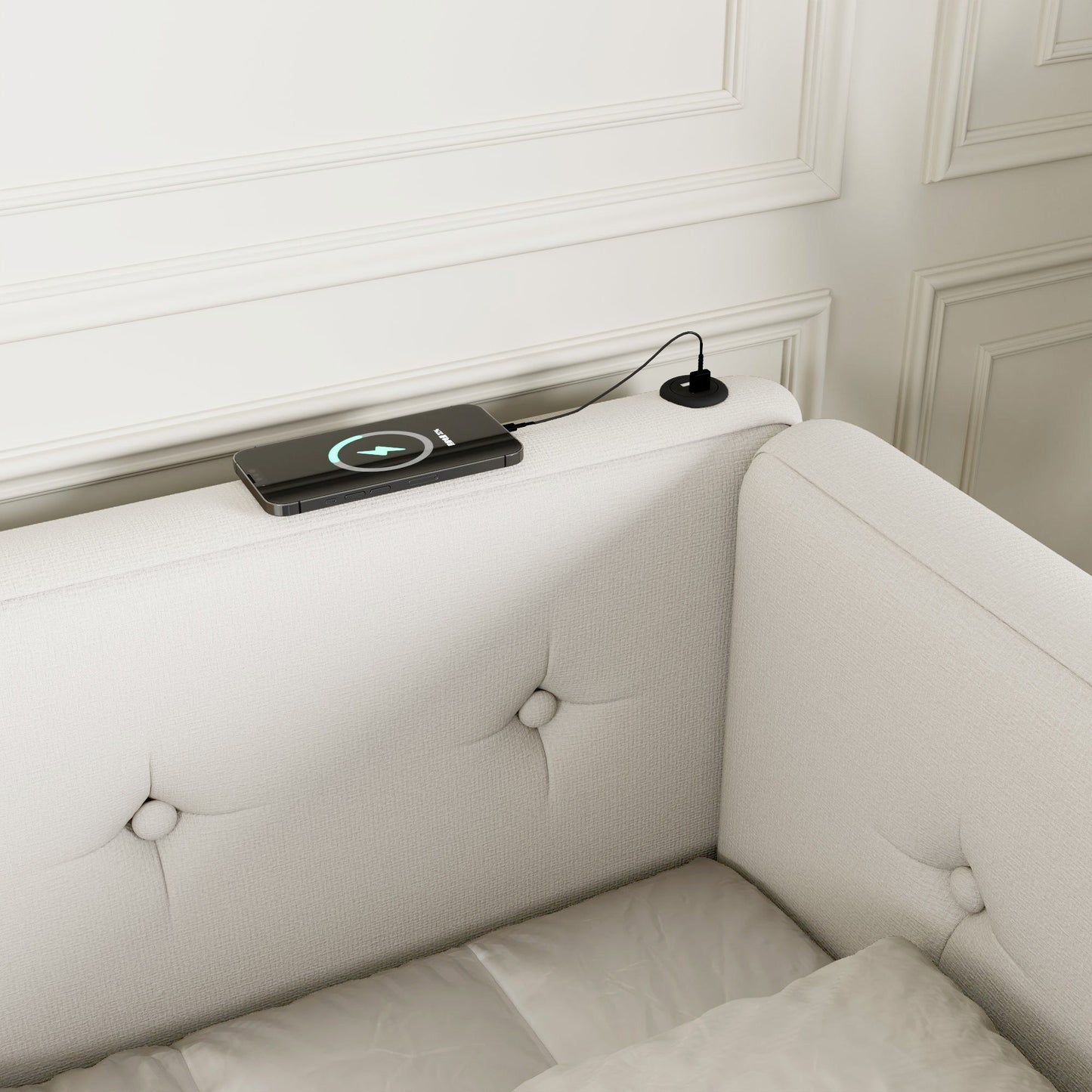 Modern Upholstered Platform Bed With USB Ports And LED Belt
