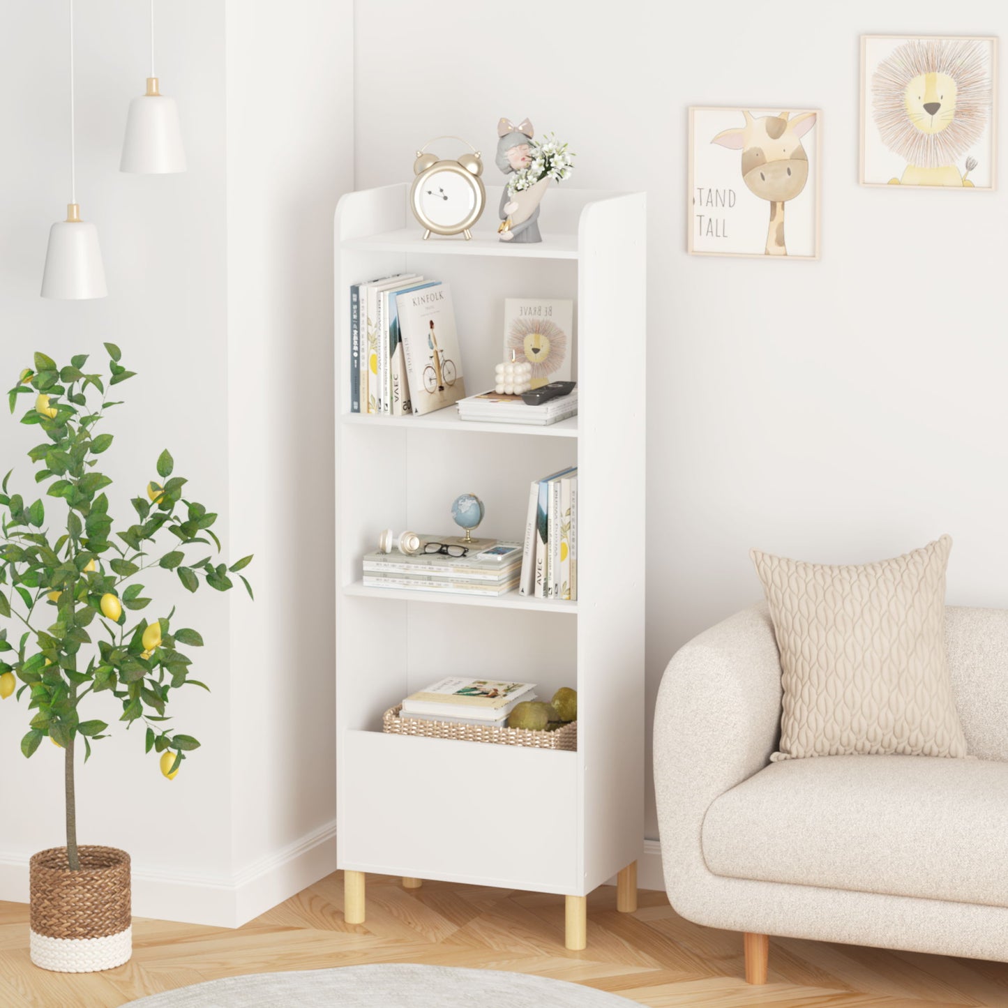 4 Tier Bookcase, Book Display With Safety Restraint, Storage Cabinet For Playroom - White