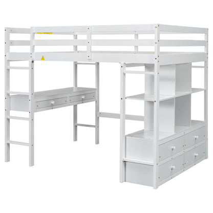 Full Size Loft Bed With Built In Desk, 2 Drawers, Storage Shelves - White