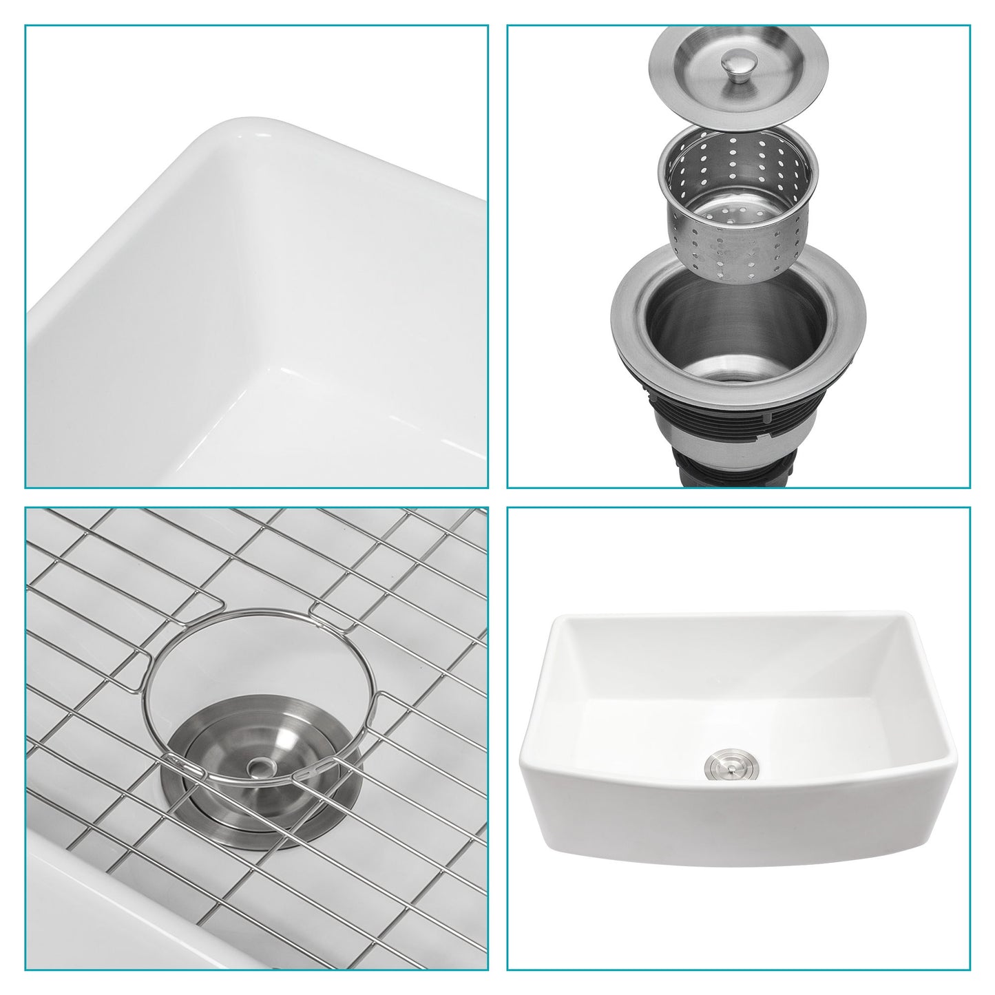 Ceramic Farmhouse Sink, Apron Front Single Bowl With Arch Edge